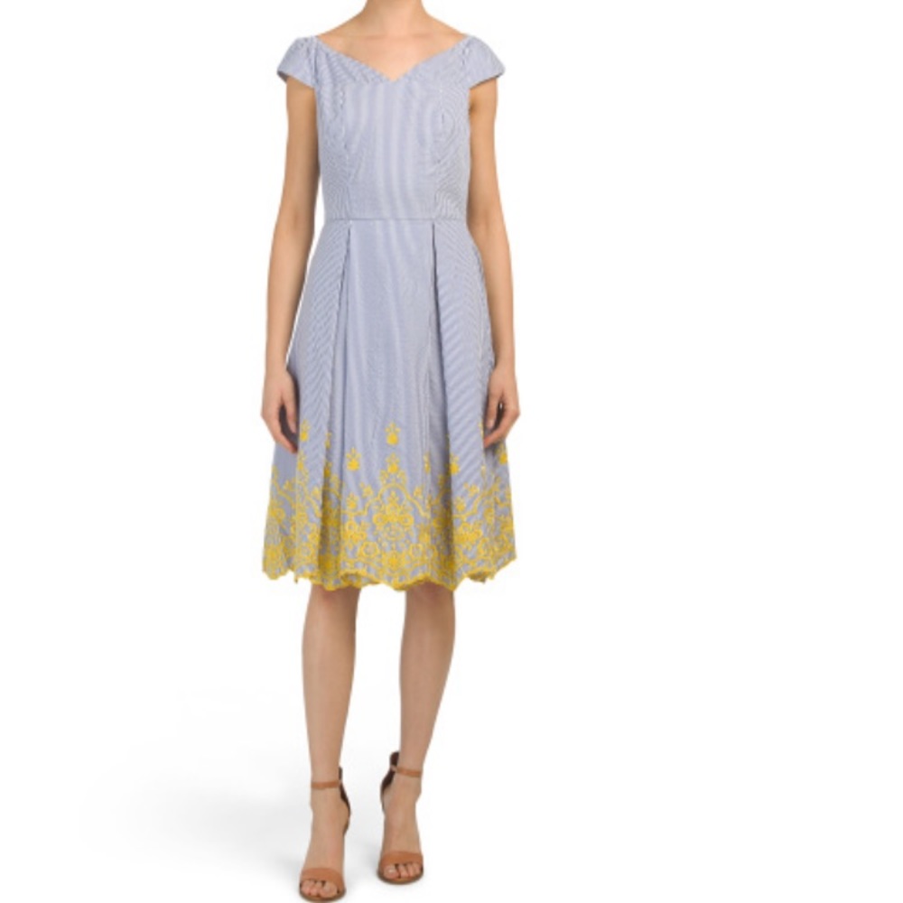 Nicole Miller Studio embroidered cotton dress blue stripe yellow trim size 10